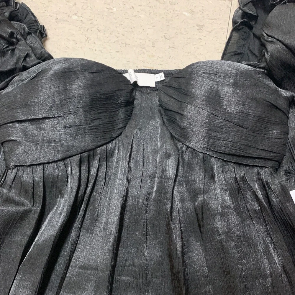 NWT ASTR The Label Sz Small IRENE Black Shine Babydoll‎ Top Smocked Back Ruffle